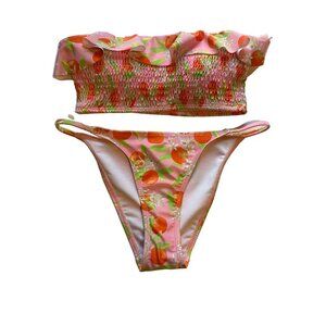 NWT La La Swim Women Orange Fruit Ruffle Strapless Bikini Two Piece‎ Swimsuit